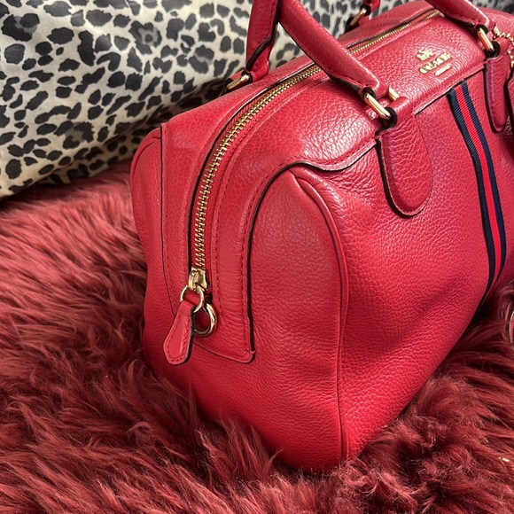 COACH Red Pebble Leather Handbag Satchel Shoulder strap Custom details Stripe - Picture 3 of 11